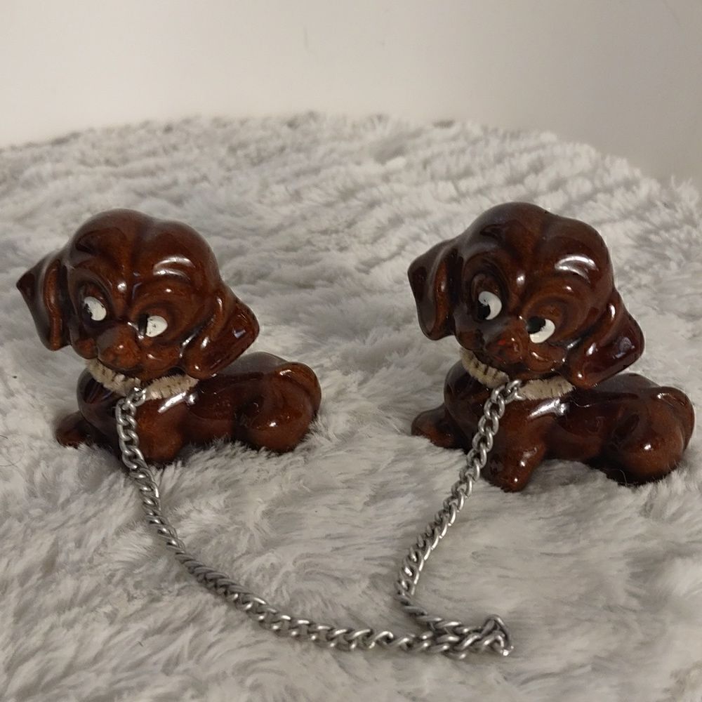 Two Vtg. Redware Terracotta Puppy Figurines w/ Chain Leash.